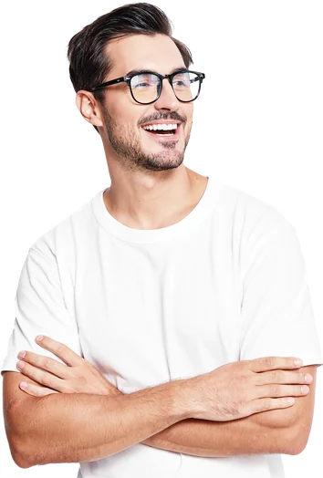 Smiling young man in glasses with his arms crossed