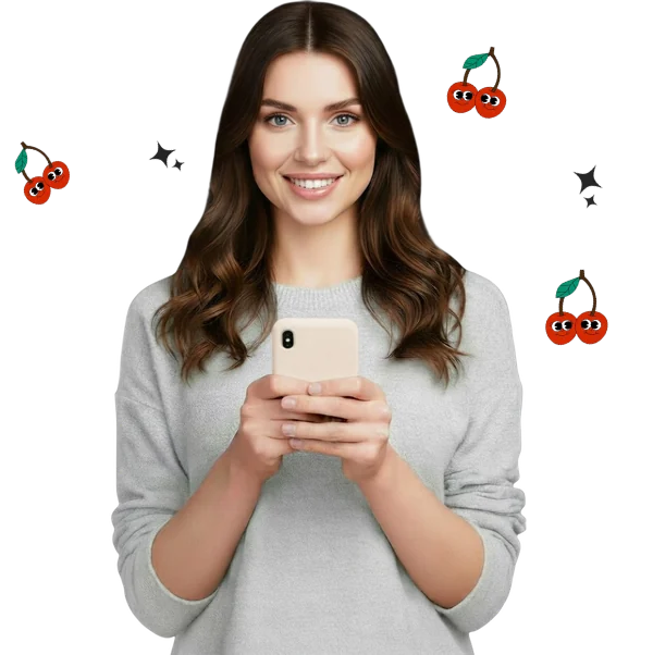 Smiling young woman in a grey sweater holding a phone