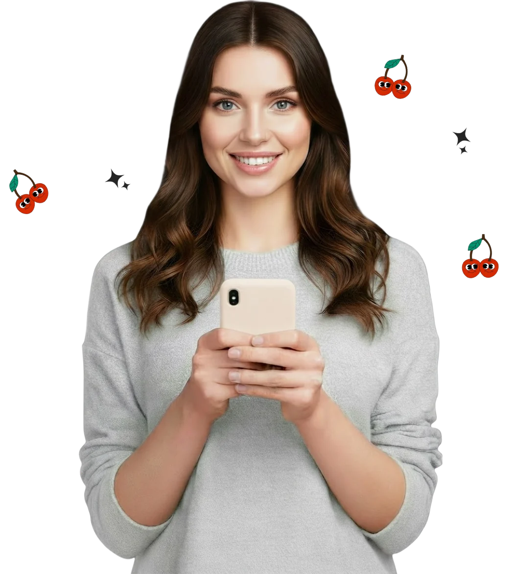 Smiling young woman in a grey sweater holding a phone