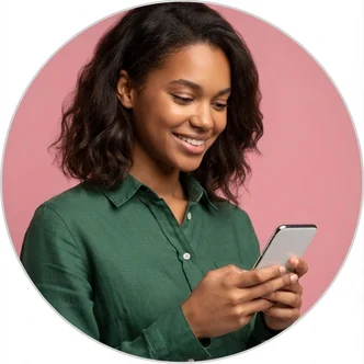 Smiling woman in a green shirt looking at her phone